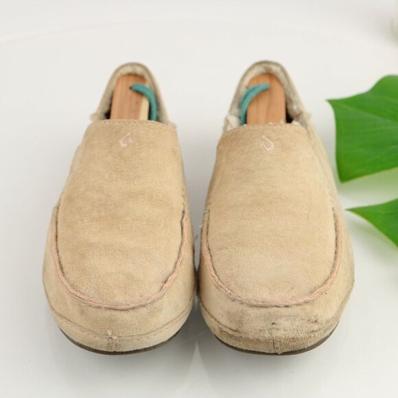 OluKai Womens Nohea Slip On Shoe Size 5 Tan Suede Sherpa Slipper Wool Shearling - Picture 2 of 12